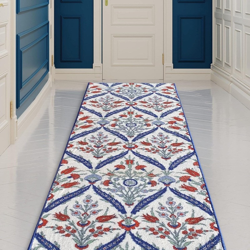 Custom Size Cini Turkish Traditional Design White Color Rubber Backed Non-Slip Hallway Stair Runner Rug Carpet 31 Inch