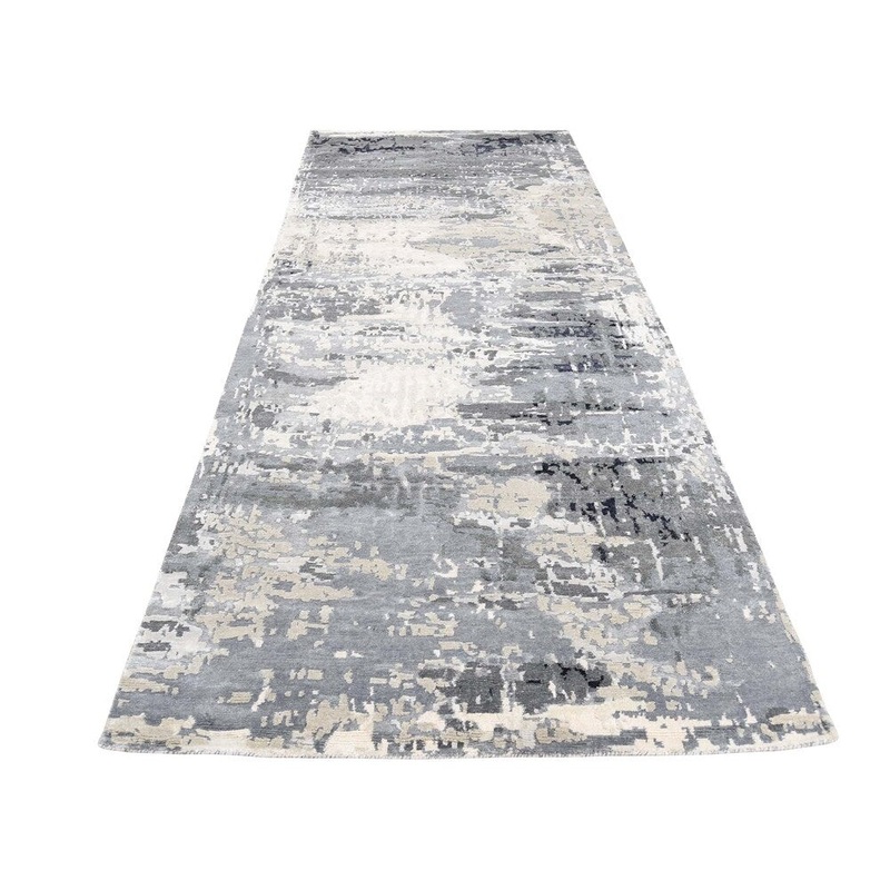 Shahbanu Rugs Abstract Design Wool and Silk Hi-Lo Pile Hand-Knotted Wide Runner Rug (4'0" x 9'10") - 4'0" x 9'10"