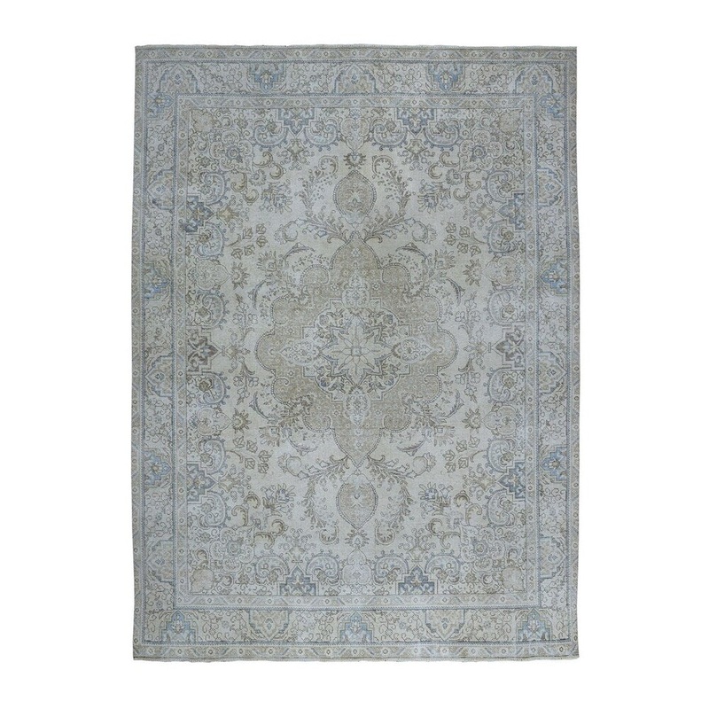Shahbanu Rugs Beige Vintage White Wash Tabriz Worn Wool Tribal Hand-Knotted Rug (9'6" x 12'8") - 9'6" x 12'8"