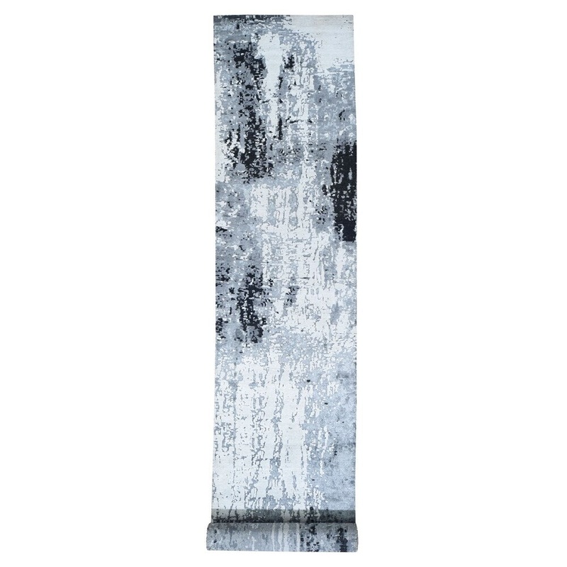 Shahbanu Rugs Black Abstract Design Wool and Silk XL Runner Hand Knotted Oriental Rug (3'0" x 19'3") - 3'0" x 19'3"