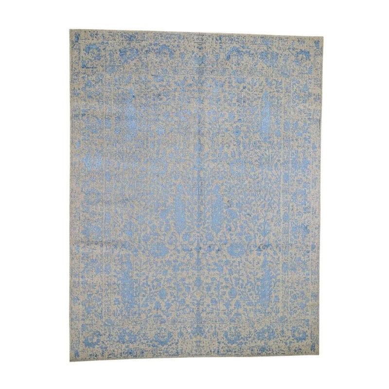 Shahbanu Rugs Blue Broken Cypress Tree Design Wool And Silk Thick Hand-Loomed Rug (7'10" x 10'1") - 7'10" x 10'1"