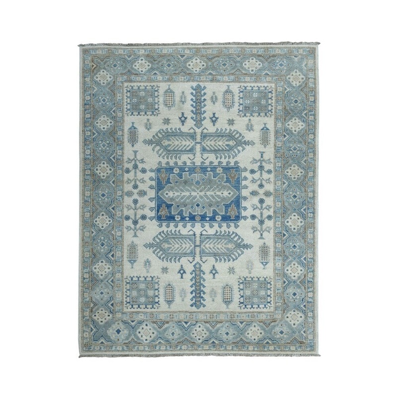 Shahbanu Rugs Ivory Vintage Look kazak Geometric Design Pure wool Hand-Knotted Oriental Rug (5'0" x 7'0") - 5'0" x 7'0"