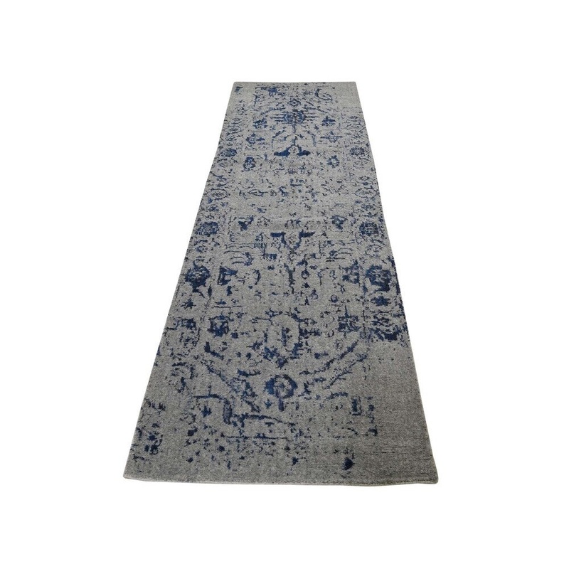 Shahbanu Rugs Jacquard Hand-Loomed With Broken Persian Heriz Design Blue Runner Rug (2'5" x 10'2") - 2'5" x 10'2"