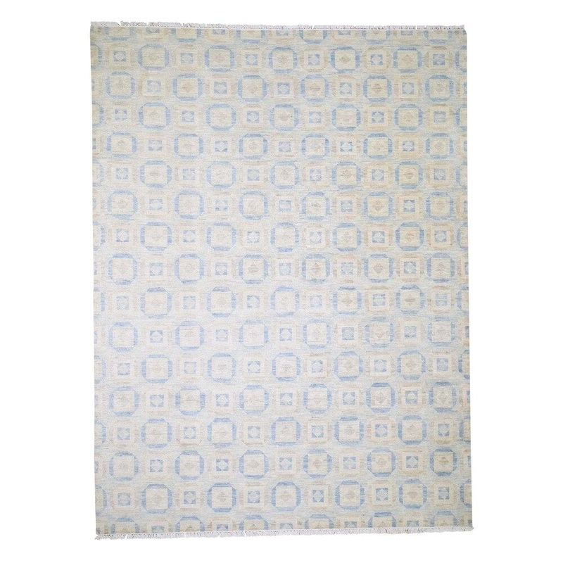 Shahbanu Rugs Modern Geometric Blue Block Design Pure Wool Hand-Knotted Oriental Rug (9'0" x 12'0") - 9'0" x 12'0"