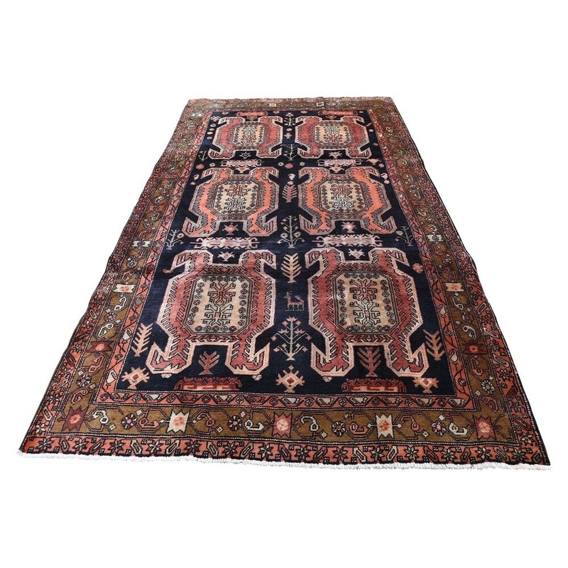 Shahbanu Rugs Navy Vintage North West Persian Pure Wool Wide Runner Hand-Knotted Rug (4'9" x 10'0") - 4'9" x 10'0"