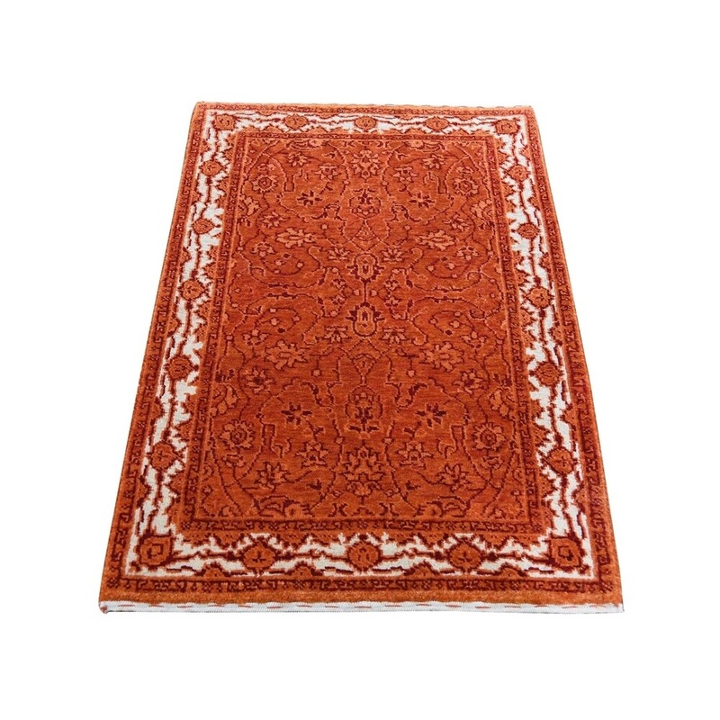 Shahbanu Rugs Orange Tone on Tone Hand Knotted Wool and Silk Kashan Oriental Rug (2'0" x 3'3") - 2'0" x 3'3"