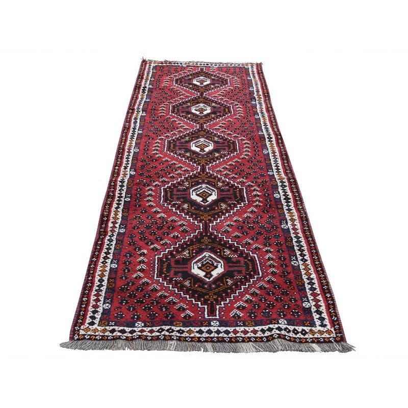 Shahbanu Rugs Red New persian Shiraz Full Pile Pure Wool Runner Hand-Knotted Rug (2'9" x 9'7") - 2'9" x 9'7"