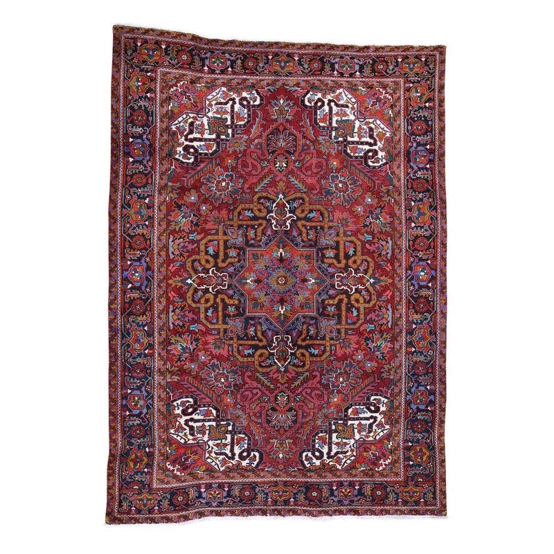 Shahbanu Rugs Red Semi Antique Persian Heriz Full Pile Hand-Knotted Oriental Rug (7'9" x 10'10") - 7'9" x 10'10"