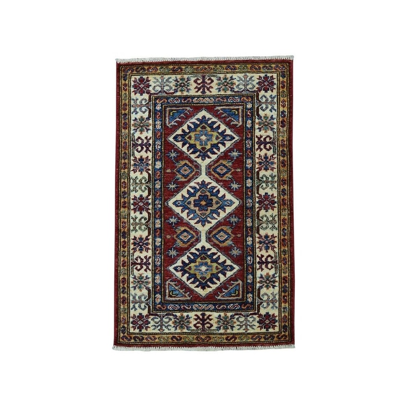 Shahbanu Rugs Red Super Kazak Pure Wool Geometric Design Hand-Knotted Oriental Rug (2'0" x 3'3") - 2'0" x 3'3"