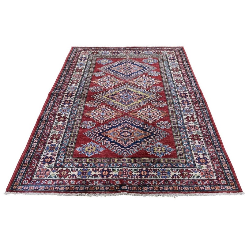Shahbanu Rugs Red Super Kazak Pure Wool Geometric Design Hand-Knotted Oriental Rug (3'10" x 5'10") - 3'10" x 5'10"