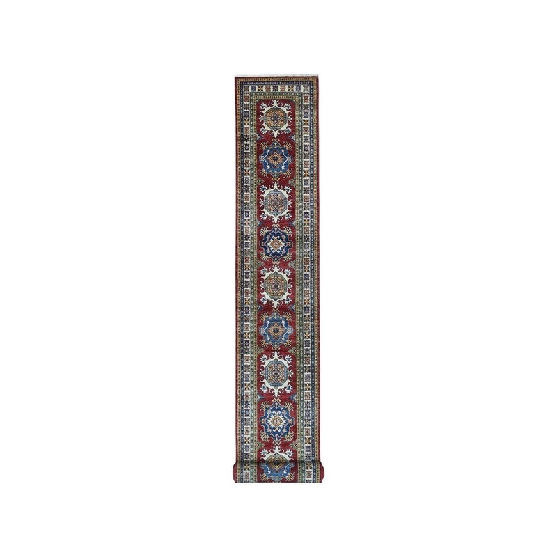 Shahbanu Rugs Red Super kazak Pure Wool XL Runner Hand-Knotted Geometric Design Rug (2'7" x 17'10") - 2'7" x 17'10"