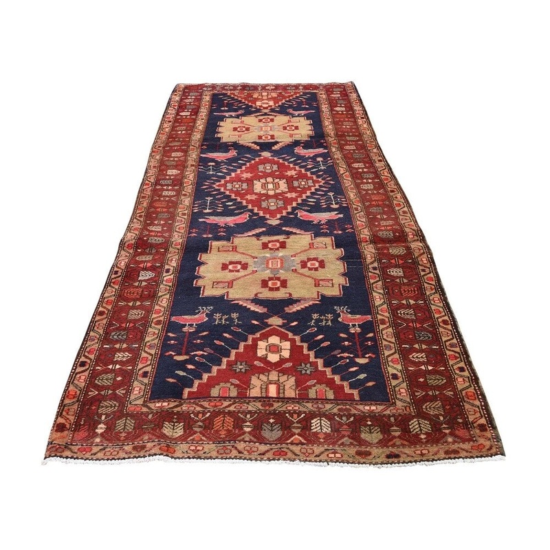Shahbanu Rugs Red Vintage North West Persian With Peacocks & Birds Wide Runner Rug (3'9" x 10'8") - 3'9" x 10'8"
