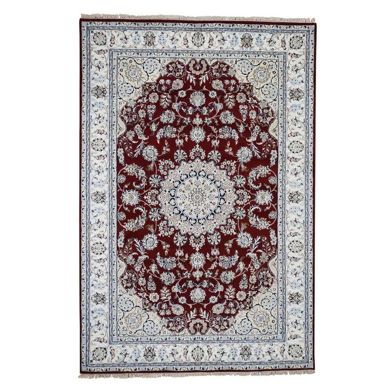 Shahbanu Rugs Red Wool and Silk Nain 250 KPSI Hand Knotted Oriental Rug (6'1" x 9'1") - 6'1" x 9'1"