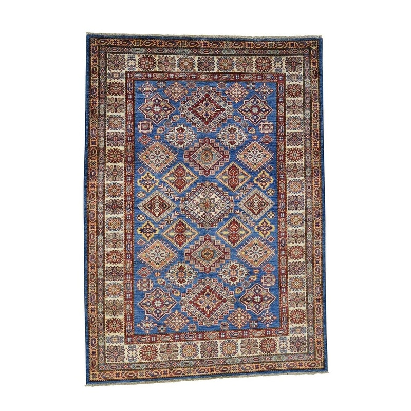 Shahbanu Rugs Super Kazak Sky Blue Hand-Knotted Pure Wool Oriental Rug (5'0" x 7'0") - 5'0" x 7'0"