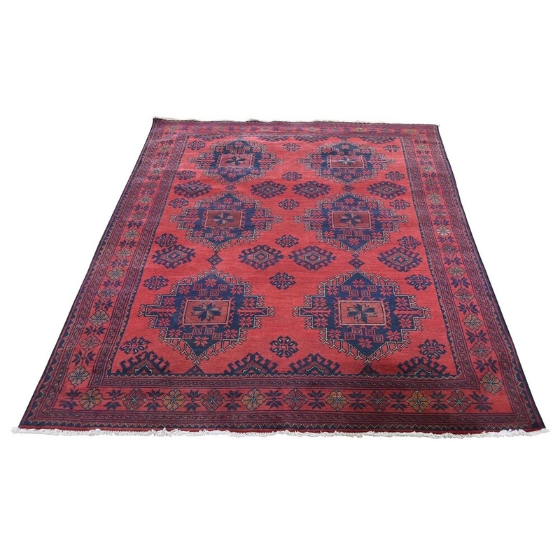 Shahbanu Rugs Vintage Look Red Geometric Design Afghan Andkhoy Pure Wool Rug (4'1" x 6'5") - 4'1" x 6'5"