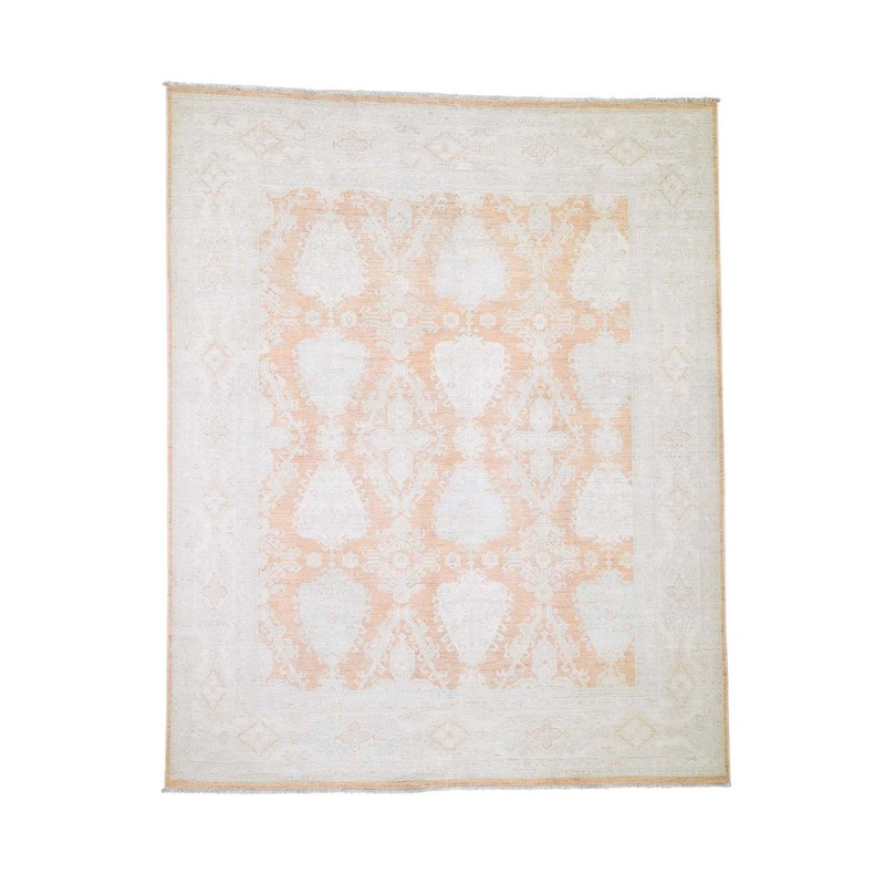 Shahbanu Rugs White Wash Peshawar Corals Pure Wool Hand-Knotted Oriental Rug (8'1" x 10'0") - 8'1" x 10'0"