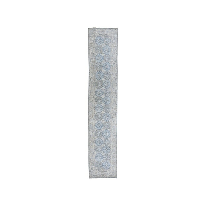 Shahbanu Rugs White Wash Peshawar Pure Wool Hand-Knotted Oriental Runner Rug (2'9" x 11'8") - 2'9" x 11'8"