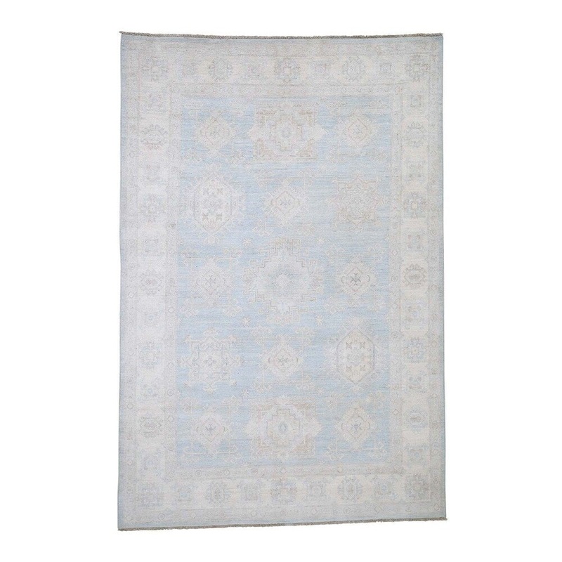 Shahbanu Rugs White Wash Peshawar With Karajeh Design Pure Wool Hand-Knotted Rug (6'0" x 8'10") - 6'0" x 8'10"