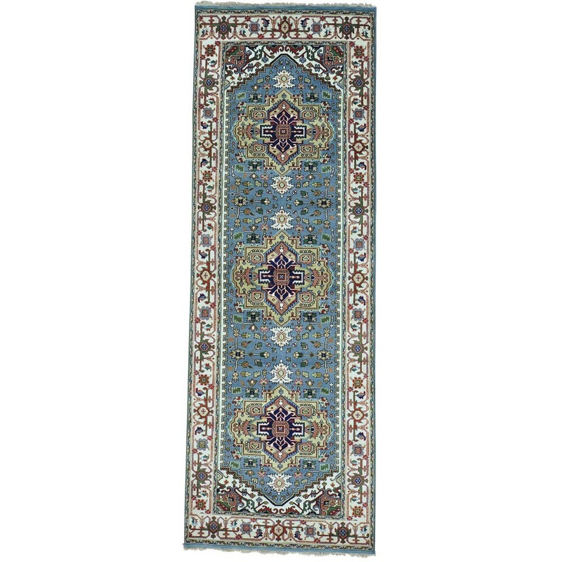 Blue Handmade Wide Runner Pure Wool All Over Design Heriz Rug