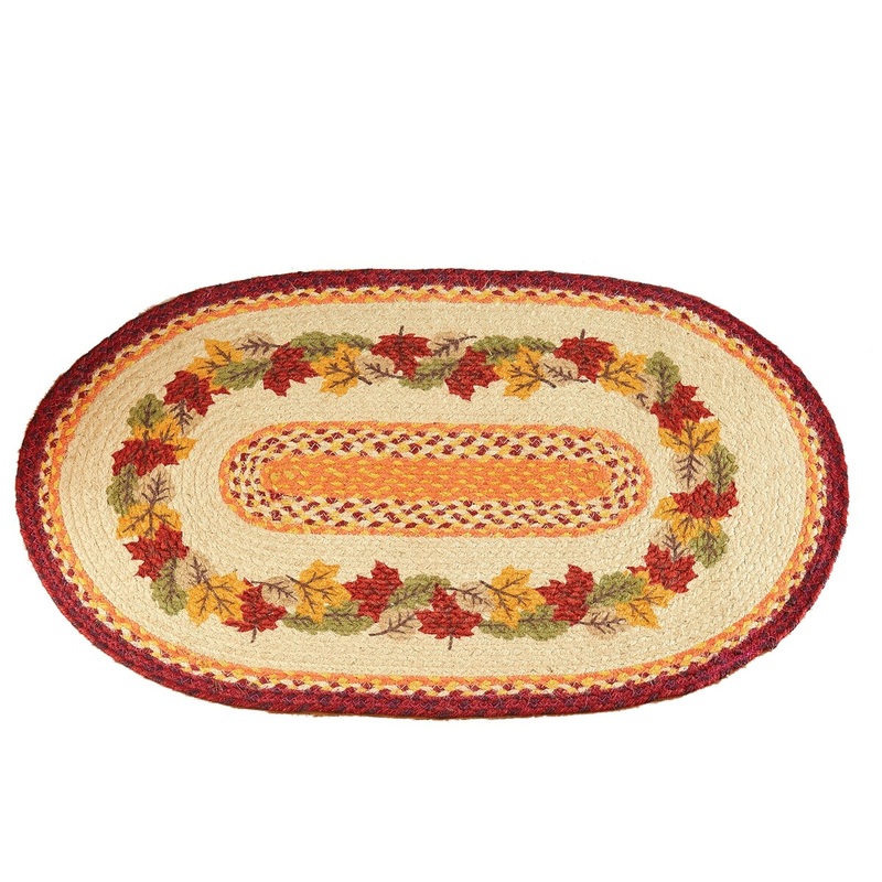Colorful Autumn Leaf Border Braided Accent Rug