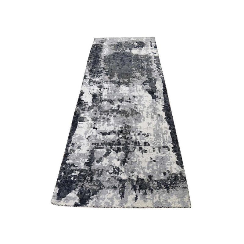 Shahbanu Rugs Abstract Design Hi-Lo Pile Wool and Silk Runner Hand-Knotted Rug (2'6" x 7'9") - 2'6" x 7'9"