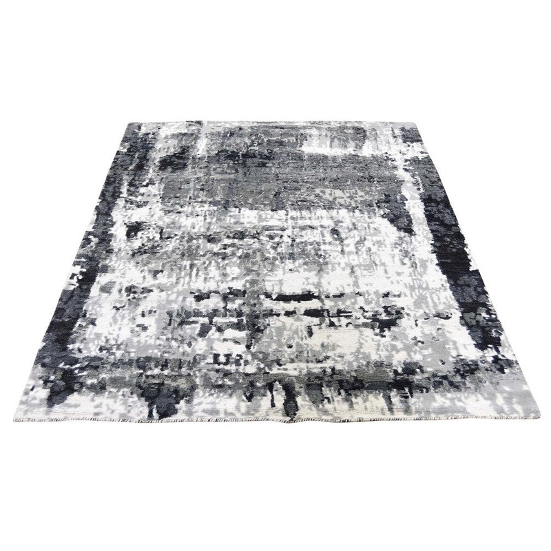 Shahbanu Rugs Black Abstract Design Hi-Lo Pile Wool And Silk Hand-Knotted Rug (4'1" x 5'10") - 4'1" x 5'10"