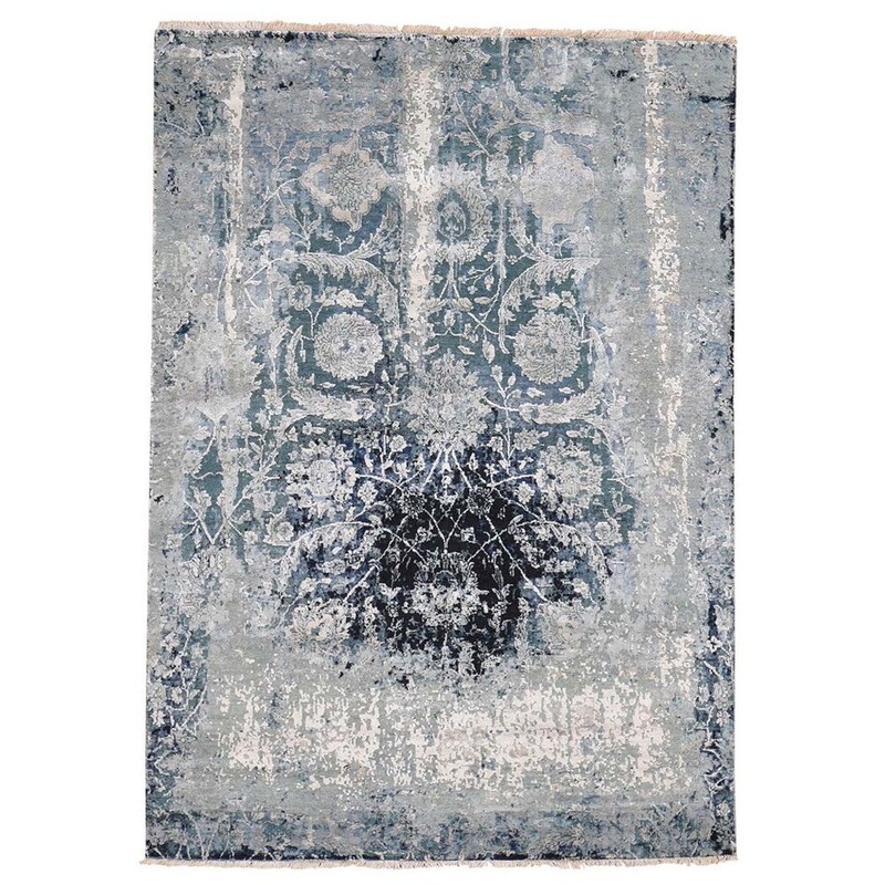 Shahbanu Rugs Blue Broken Persian Tabriz Erased Design Wool & Silk Hand-Knotted Rug (5'1" x 7'2") - 5'1" x 7'2"