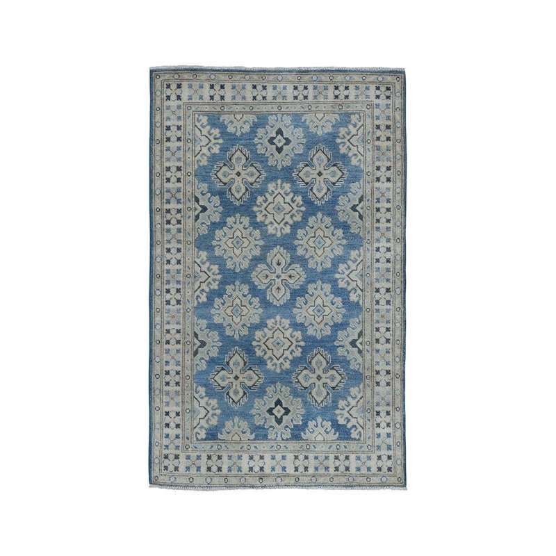 Shahbanu Rugs Geometric Design Blue Vintage Look Kazak Pure Wool Hand-Knotted Rug (3'3" x 5'0") - 3'3" x 5'0"