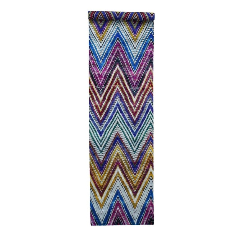 Shahbanu Rugs Hand-Knotted Chevron Design Sari Silk with Oxidized Wool Runner Rug (3'1" x 12'3") - 3'1" x 12'3"