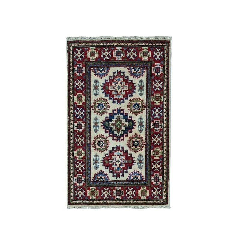 Shahbanu Rugs Ivory Kazak Geometric Design Pure Wool Hand-Knotted Oriental Rug (2'0" x 2'10") - 2'0" x 2'10"