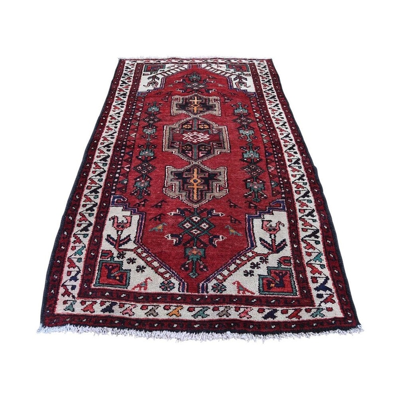 Shahbanu Rugs Ivory Vintage Persian Hamadan Pure Wool Runner Hand-Knotted Rug (3'2" x 6'4") - 3'2" x 6'4"
