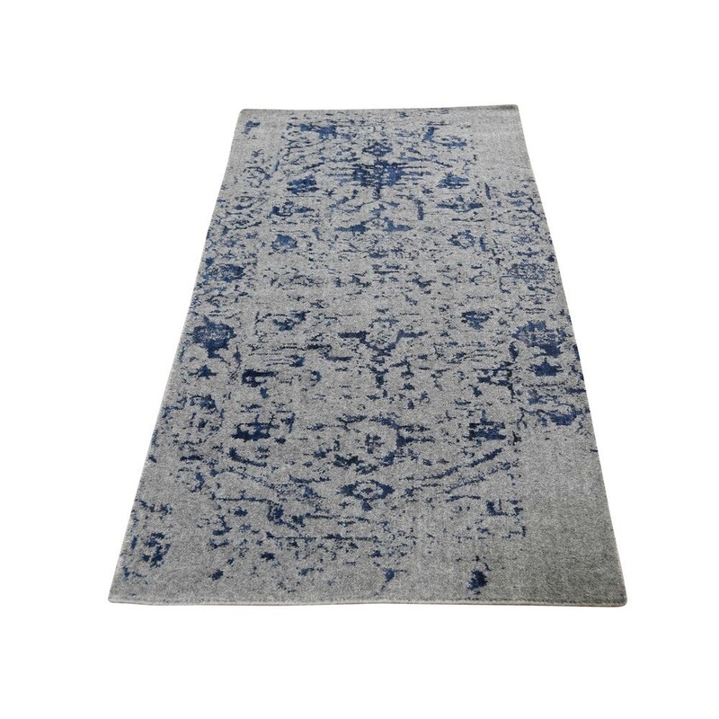 Shahbanu Rugs Jacquard Hand-Loomed With Broken Persian Heriz Design Blue Runner Rug (2'5" x 6'2") - 2'5" x 6'2"
