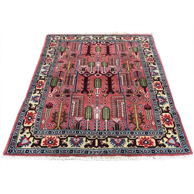 Shahbanu Rugs Pink New Persian Hamadan With Tree Design Pure Wool Hand-Knotted Rug (3'7" x 4'7") - 3'7" x 4'7"