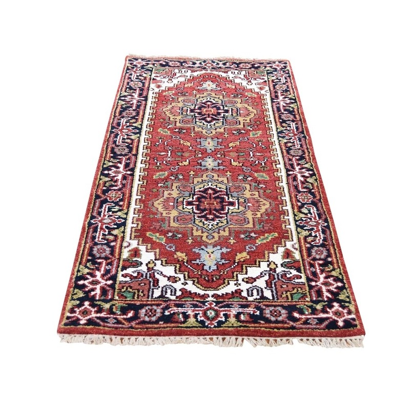Shahbanu Rugs Red Serapi Heriz Geometric Runner Pure Wool Hand-Knotted Oriental Rug (2'6" x 6'0") - 2'6" x 6'0"