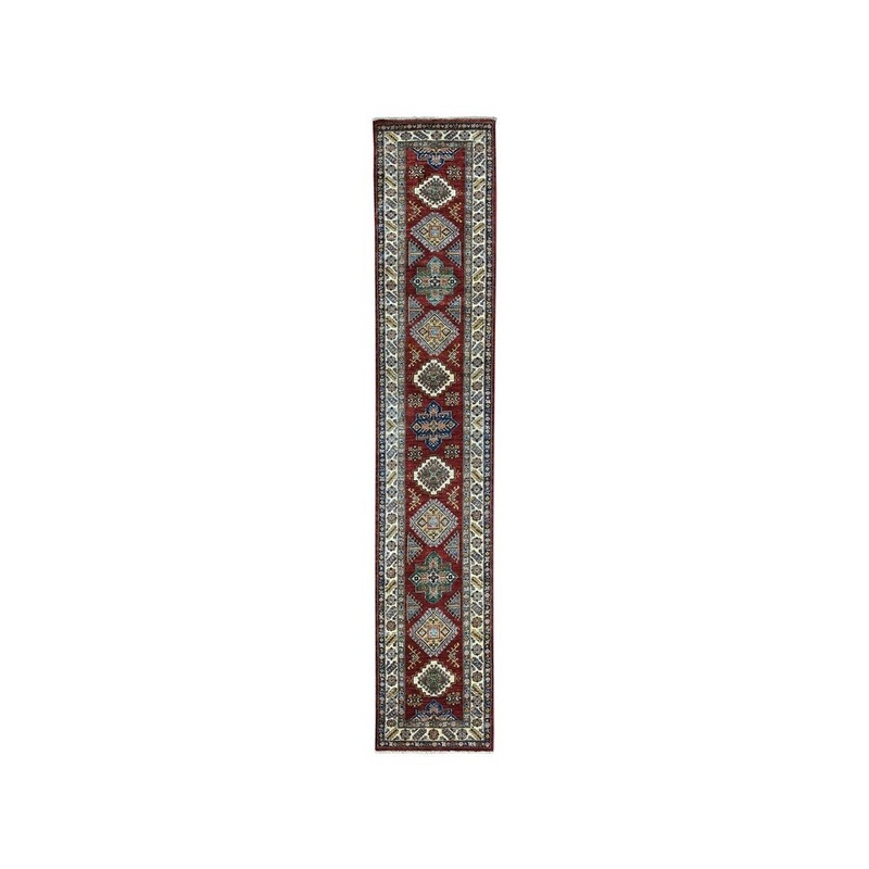 Shahbanu Rugs Red Super Kazak Pure Wool Geometric Design Hand-Knotted Runner Rug (2'4" x 10'10") - 2'4" x 10'10"