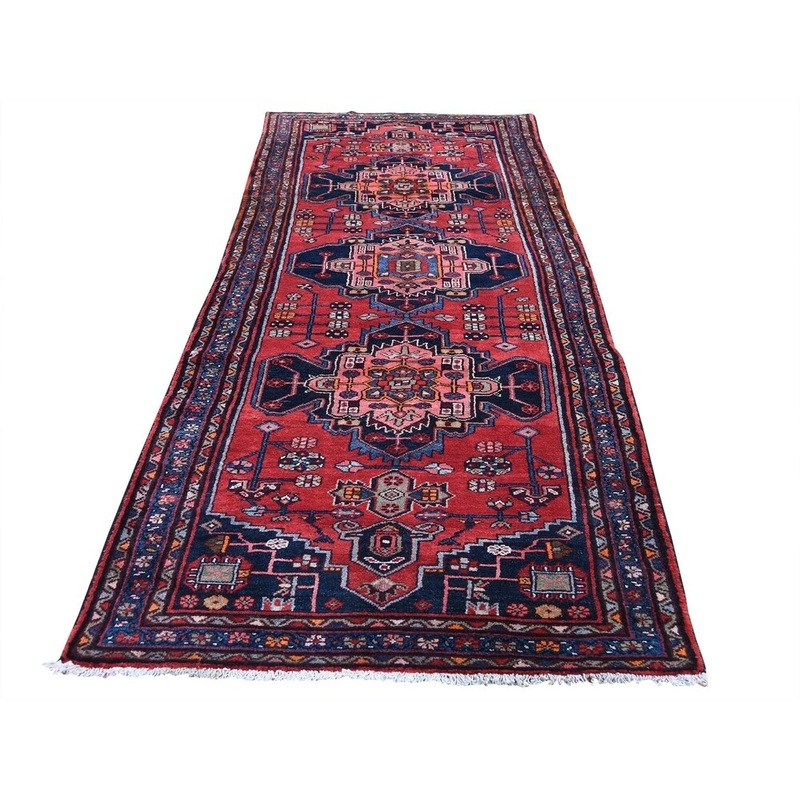 Shahbanu Rugs Red Vintage Persian Bakhtiari Hand Knotted Wide Runner Pure Wool Rug (3'5" x 9'9") - 3'5" x 9'9"