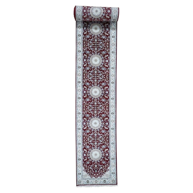 Shahbanu Rugs Red Wool And Silk Nain 250 KPSI XL Runner Hand Knotted Oriental Rug (2'8" x 22'0") - 2'8" x 22'0"