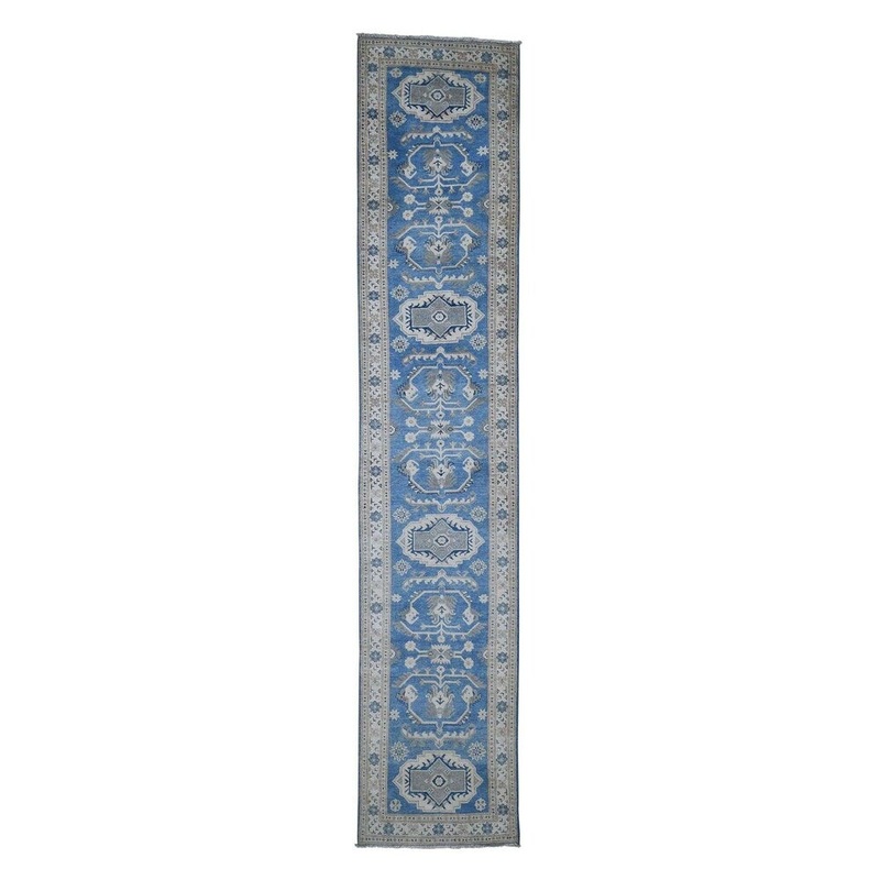 Shahbanu Rugs Vintage Look Kazak Pure Wool Hand-Knotted Runner Oriental Rug (2'7" x 12'10") - 2'7" x 12'10"
