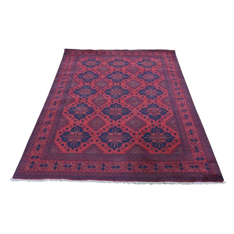Shahbanu Rugs Vintage Look Red Geometric Design Afghan Andkhoy Pure Wool Rug (4'0" x 6'5") - 4'0" x 6'5"