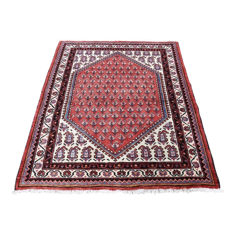 Shahbanu Rugs Vintage Persian Sarouk Mir Pure Wool Ivory Hand-Knotted Oriental Rug (3'5" x 5'0") - 3'5" x 5'0"