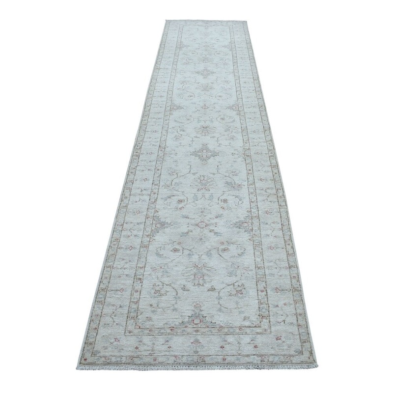Shahbanu Rugs White Wash Peshawar Pure Wool Hand Knotted Runner Oriental Rug (2'6" x 12'10") - 2'6" x 12'10"