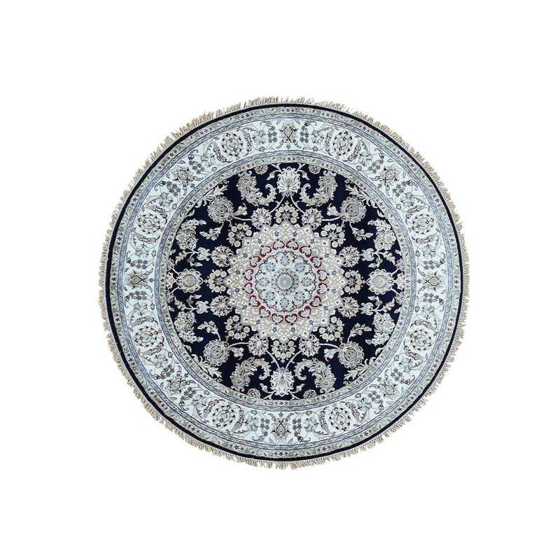 Shahbanu Rugs Wool And Silk 250 KPSI Navy Nain Hand-Knotted Oriental Round Rug (3'1" x 3'1") - 3'1" x 3'1"