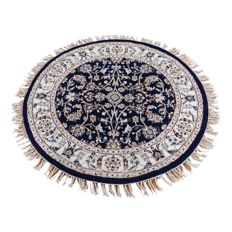 Shahbanu Rugs Wool And Silk 250 KPSI Navy Nain Hand-Knotted Oriental Round Rug (3'3" x 3'3") - 3'3" x 3'3"
