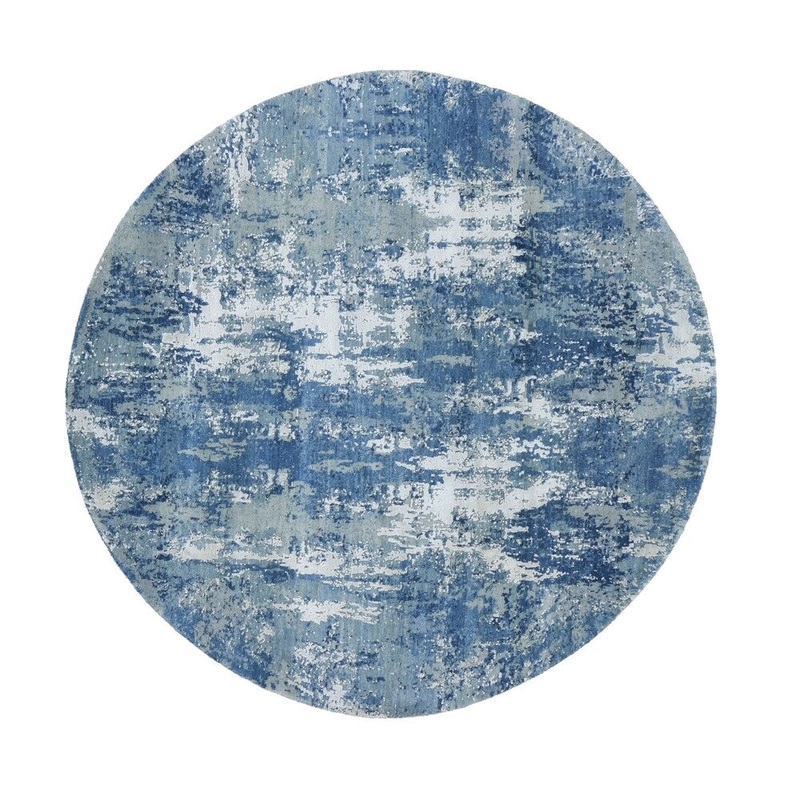Shahbanu Rugs Blue Abstract Design Wool and Pure Silk Hand Knotted Round Oriental Rug (6'2" x 6'2") - 6'2" x 6'2"