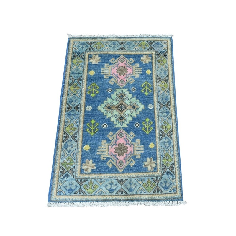 Shahbanu Rugs Blue Colorful Fusion Kazak Pure Wool Hand Knotted Oriental Rug (2'0" x 2'10") - 2'0" x 2'10"