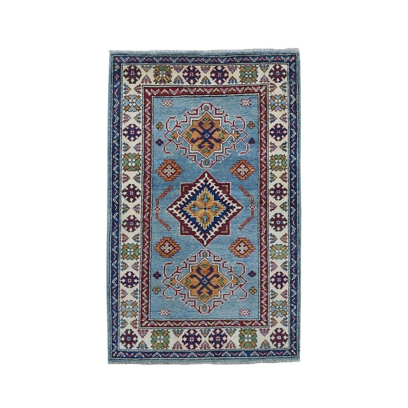 Shahbanu Rugs Blue Geometric Design Kazak Pure Wool Hand-Knotted Oriental Rug (3'0" x 4'8") - 3'0" x 4'8"