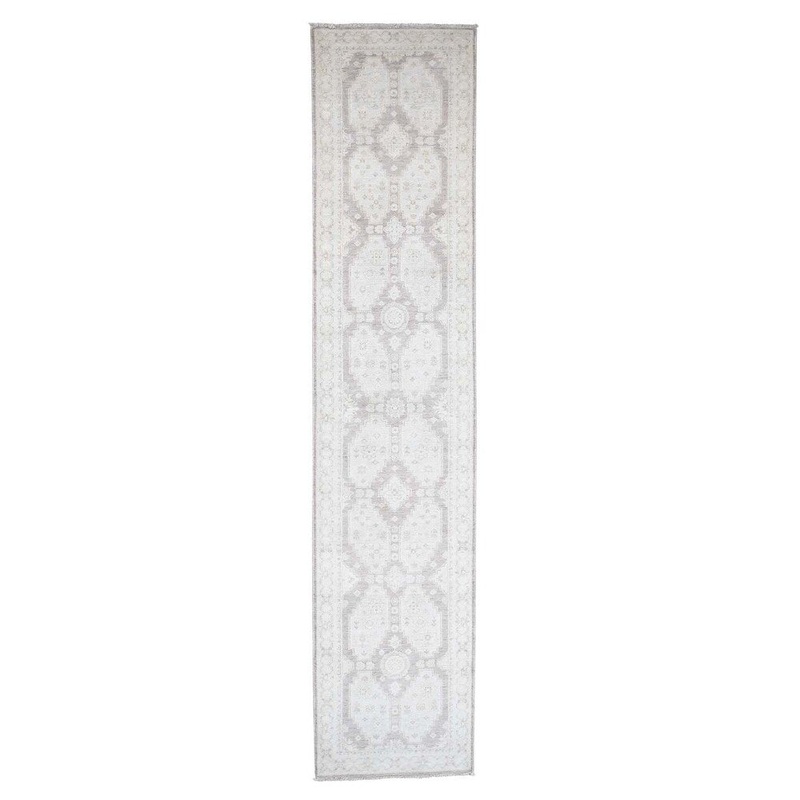 Shahbanu Rugs Hand-Knotted White Wash Peshawar Pure Wool Runner Oriental Rug (2'8" x 12'3") - 2'8" x 12'3"