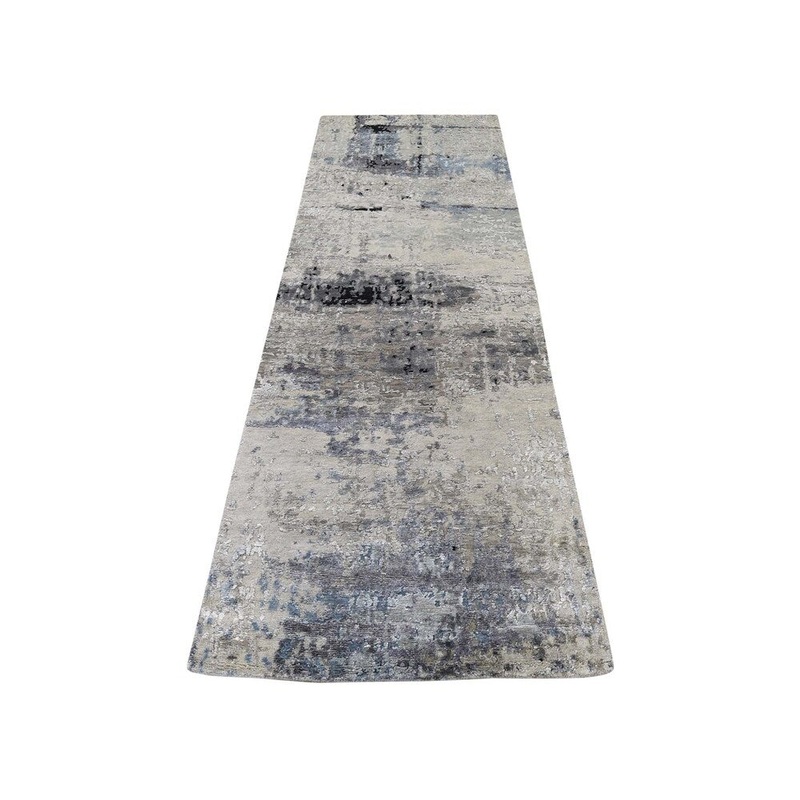 Shahbanu Rugs Hi-Low Pile Abstract Design Wool And Silk Hand-Knotted Modern Rug (2'6" x 7'9") - 2'6" x 7'9"