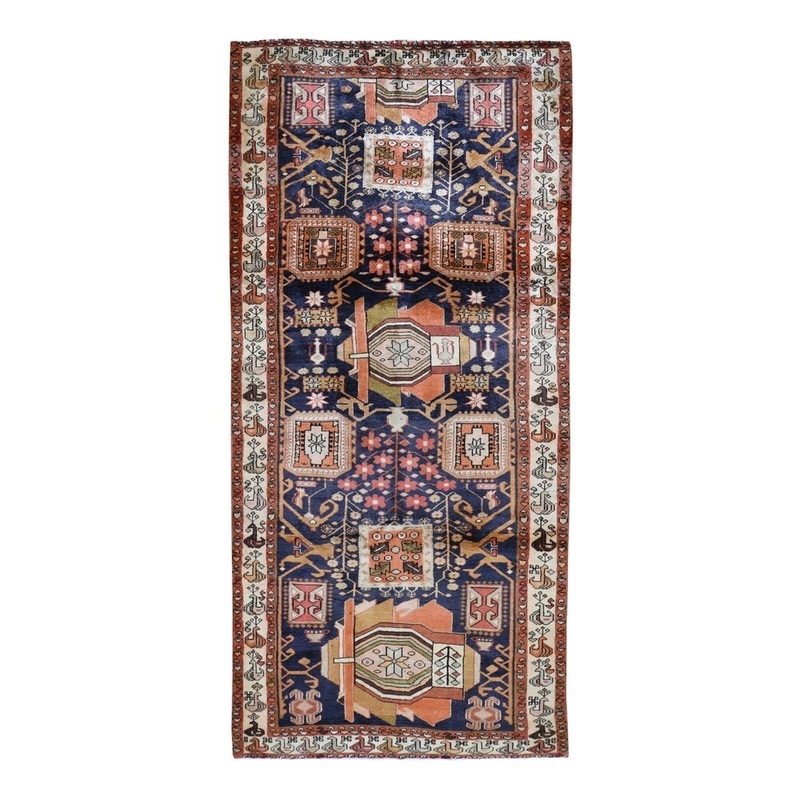 Shahbanu Rugs Navy Blue Vintage North West Persian Wide Runner Hand-Knotted Tribal Oriental Rug (4'2" x 10'4") - 4'2" x 10'4"