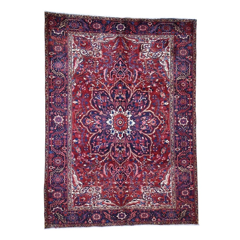 Shahbanu Rugs Red Semi Antique Persian Heriz Flower Design Good Condition Rug (8'1" x 11'1") - 8'1" x 11'1"